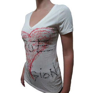 TRUE RELIGION Sexy White Heart T-shirt M Rocker Heart Excellent Rocker Print